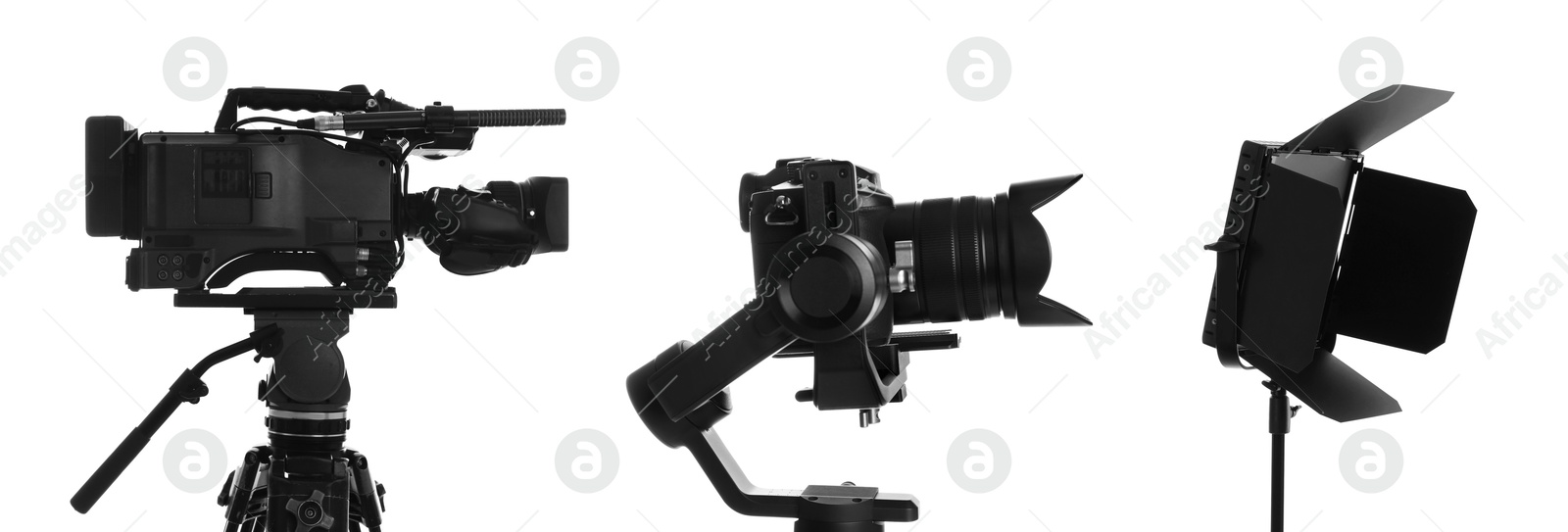 Image of Different professional photographer's equipment on white background, set