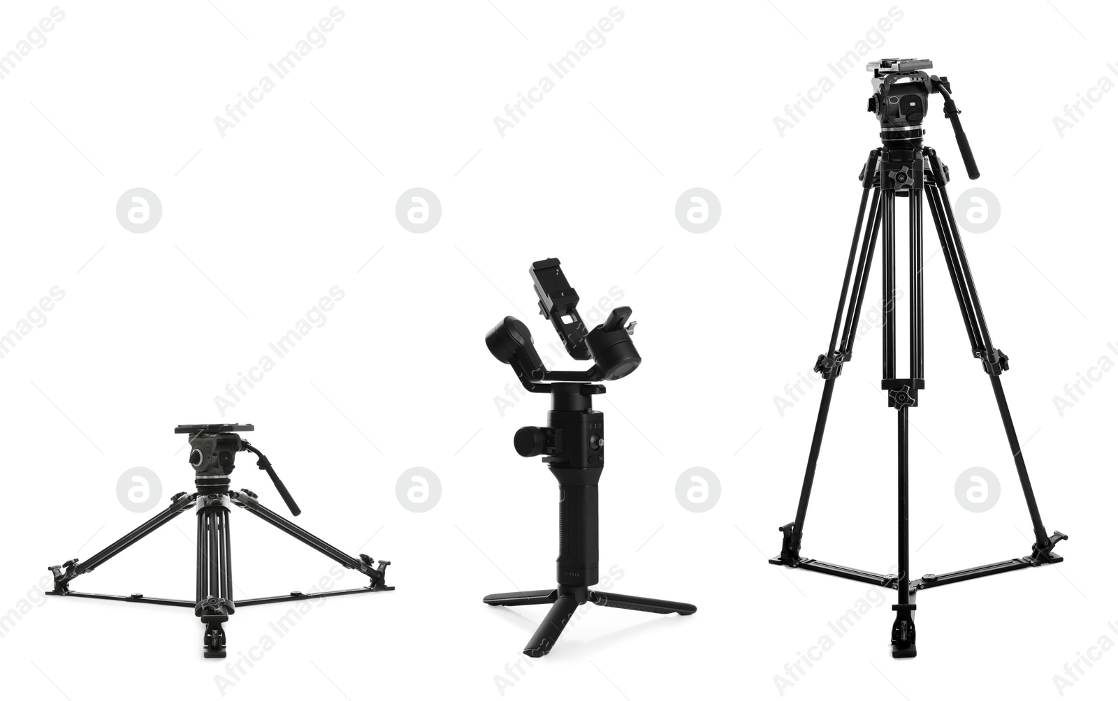 Image of Different tripods on white background, set. Professional photographer's equipment