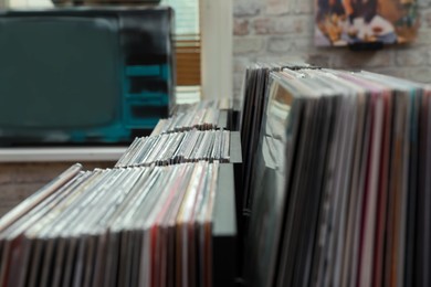 Photo of Many different vinyl records in store, closeup