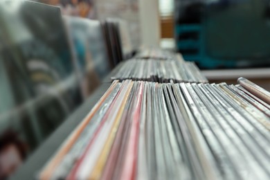 Photo of Many different vinyl records in store, closeup