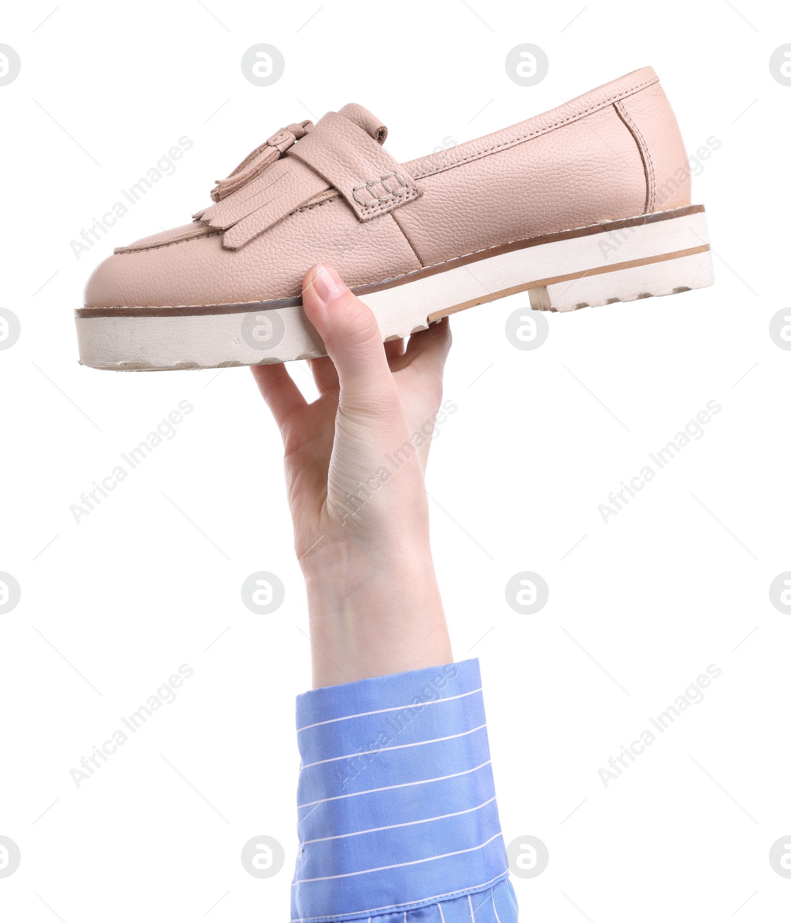 Photo of Woman with stylish beige shoe on white background, closeup