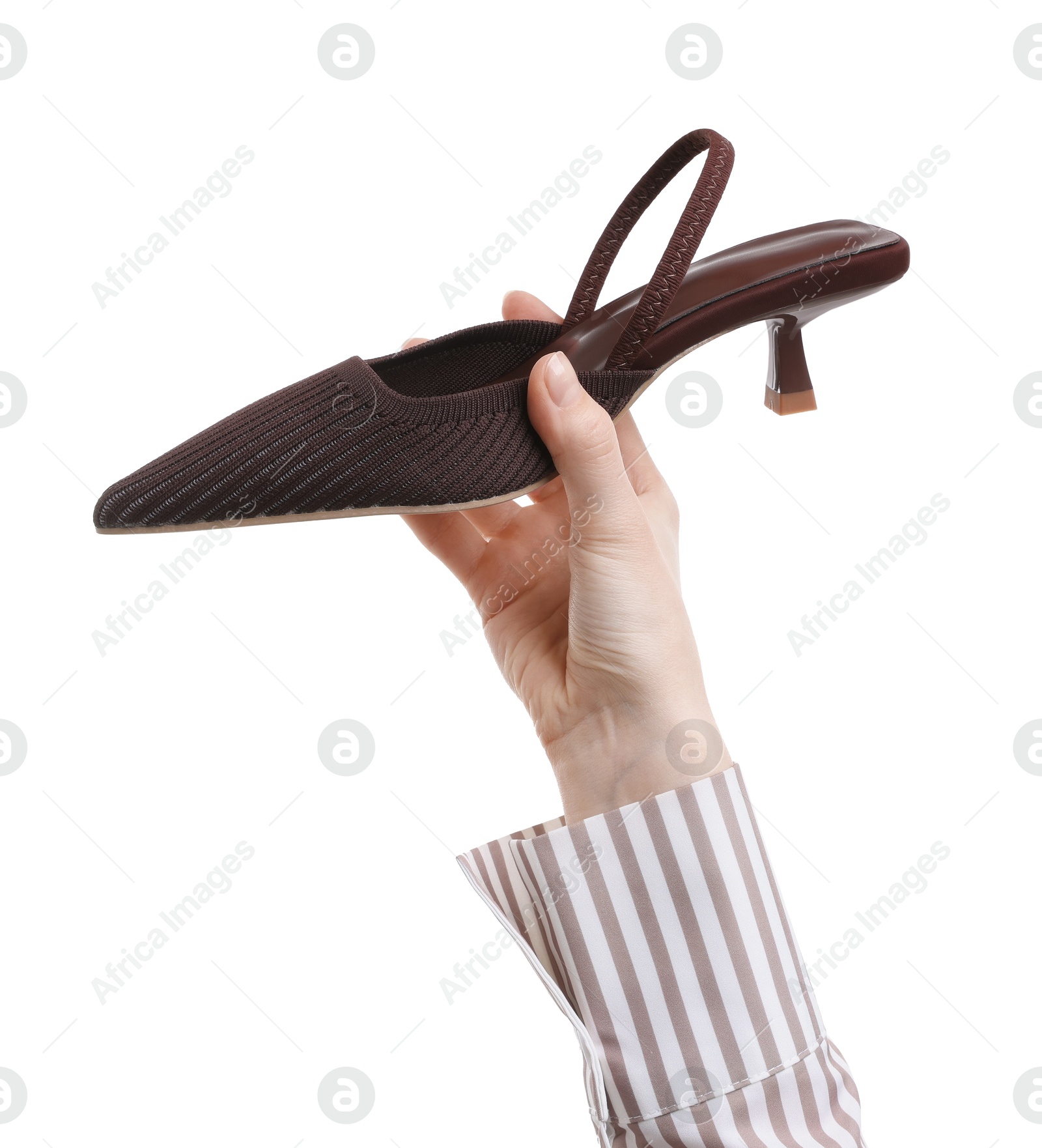 Photo of Woman with stylish brown shoe on white background, closeup