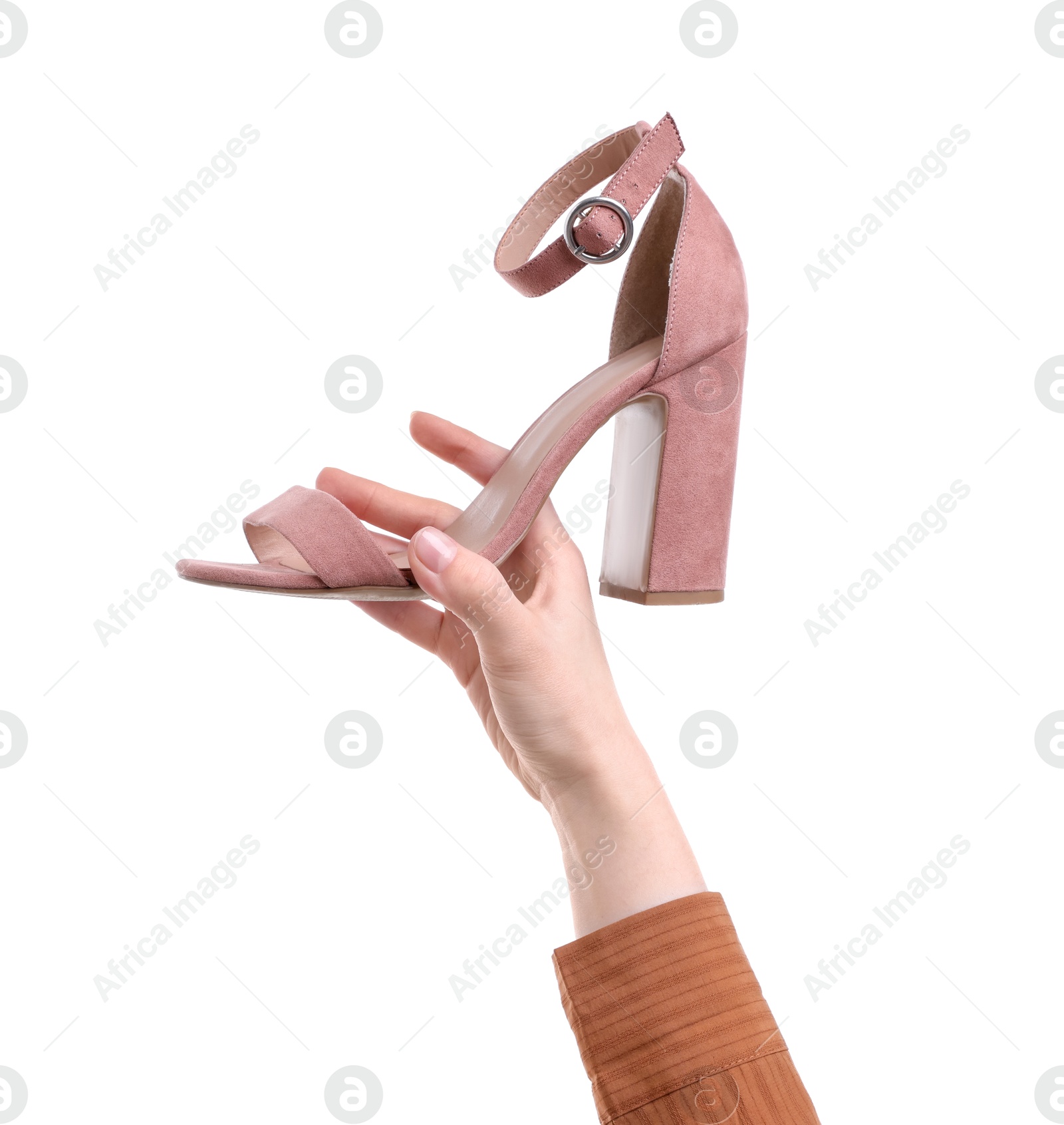 Photo of Woman with stylish pink shoe on white background, closeup