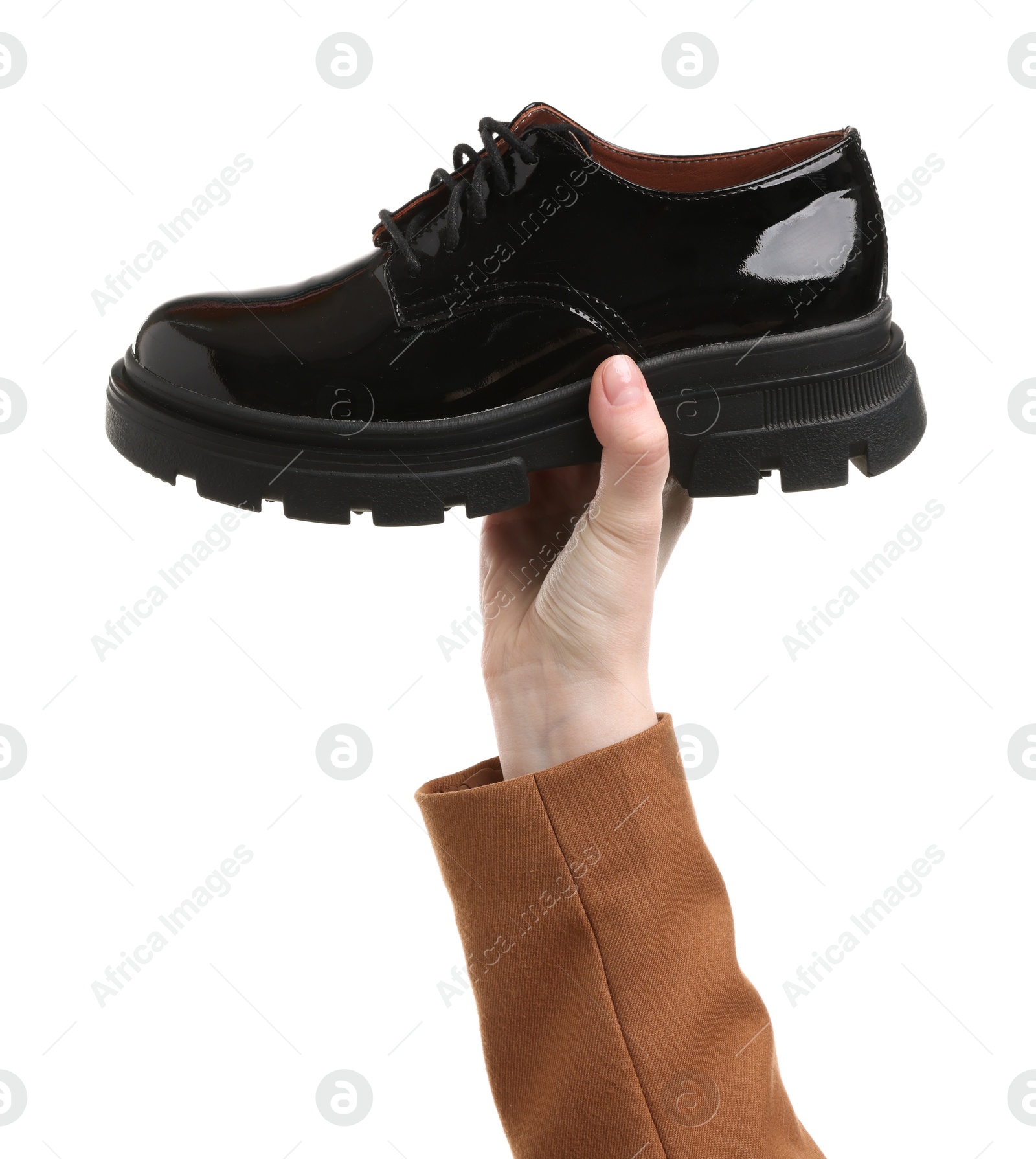 Photo of Woman with stylish shoe on white background, closeup