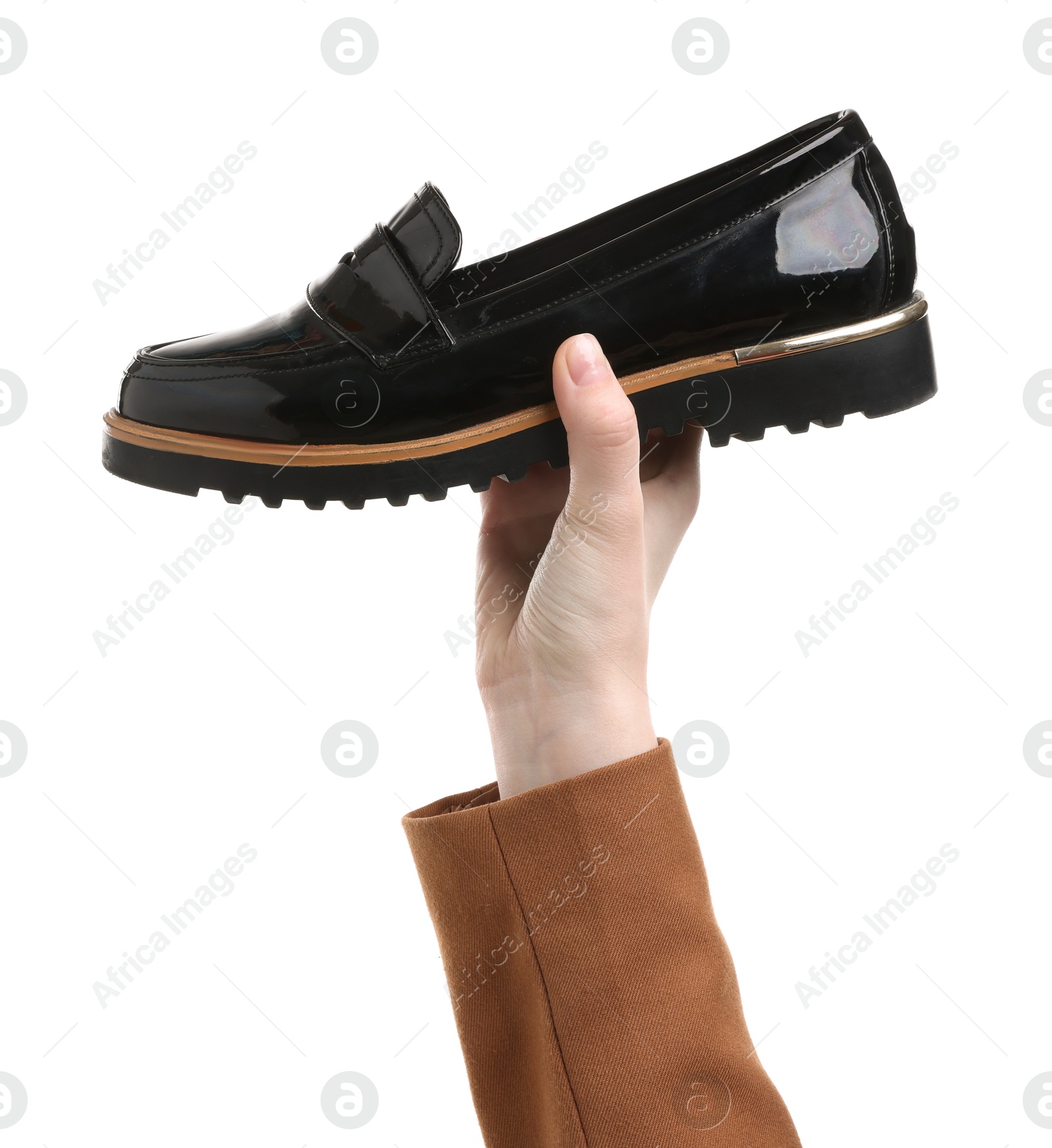 Photo of Woman with stylish shoe on white background, closeup