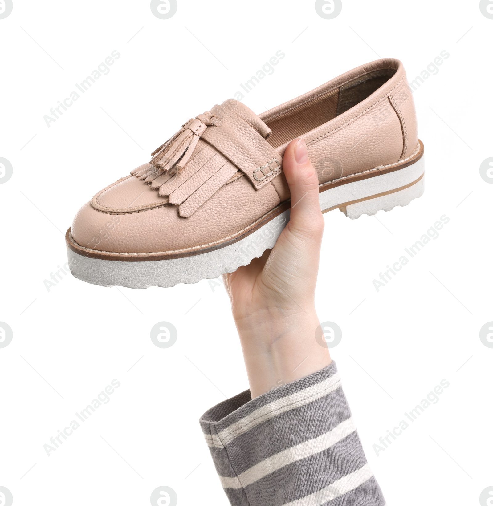 Photo of Woman with stylish shoe on white background, closeup