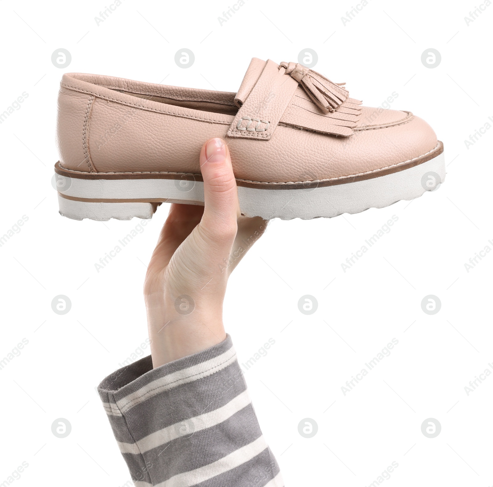 Photo of Woman with stylish shoe on white background, closeup