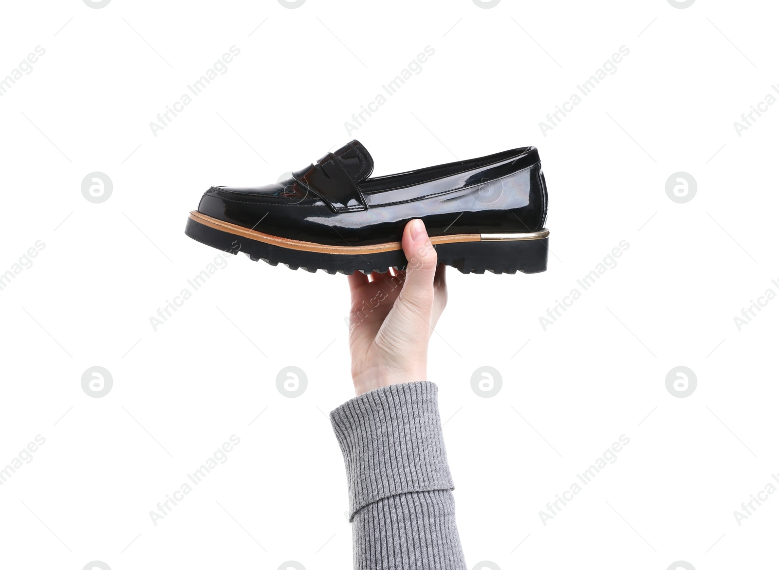 Photo of Woman with stylish shoe on white background, closeup