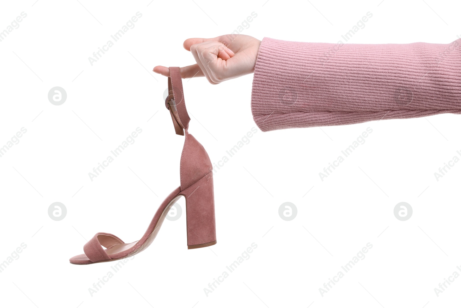 Photo of Woman with stylish pink shoe on white background, closeup