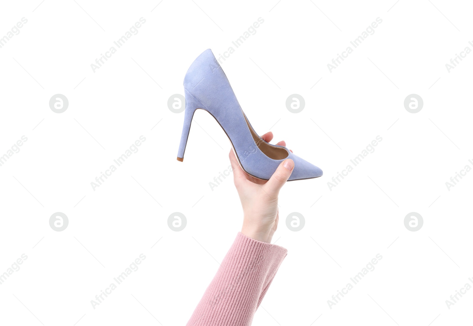 Photo of Woman with high heeled shoe on white background, closeup