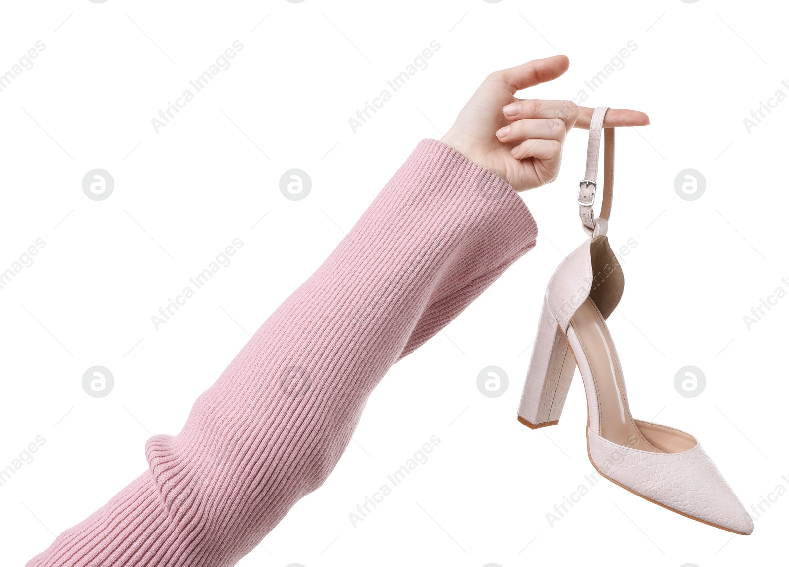 Photo of Woman with stylish shoe on white background, closeup