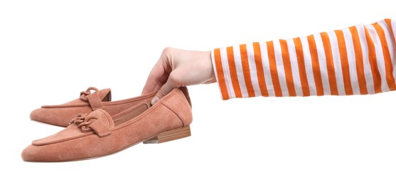 Woman with stylish shoes on white background, closeup