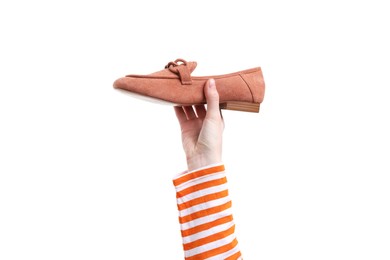 Woman with stylish shoe on white background, closeup