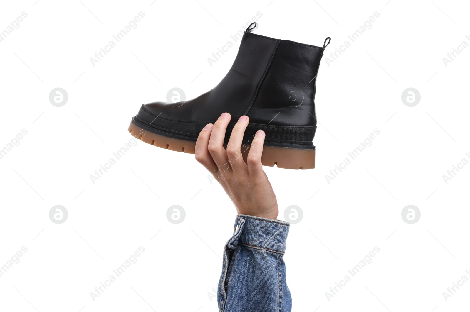 Photo of Man with stylish shoe on white background, closeup