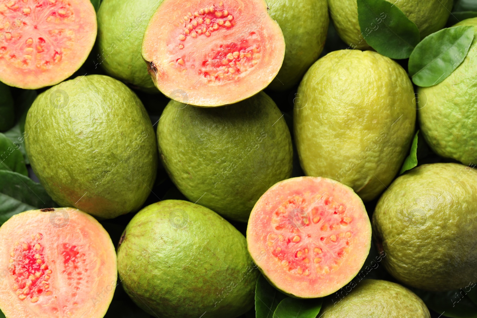 Photo of Fresh cut and whole guava fruits as background, top view