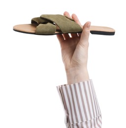 Photo of Woman with stylish slipper on white background, closeup