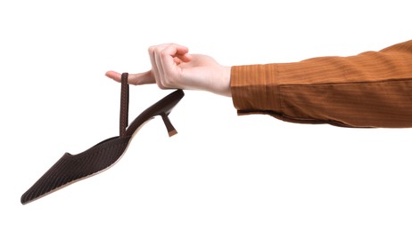 Woman with stylish brown shoe on white background, closeup