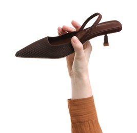 Woman with stylish brown shoe on white background, closeup