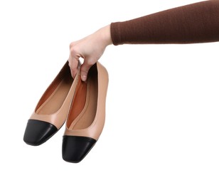 Photo of Woman with stylish ballet flats on white background, closeup