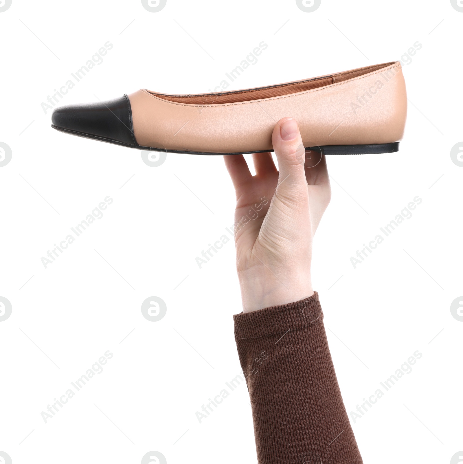 Photo of Woman with stylish ballet flat on white background, closeup