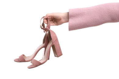 Woman with stylish pink shoes on white background, closeup