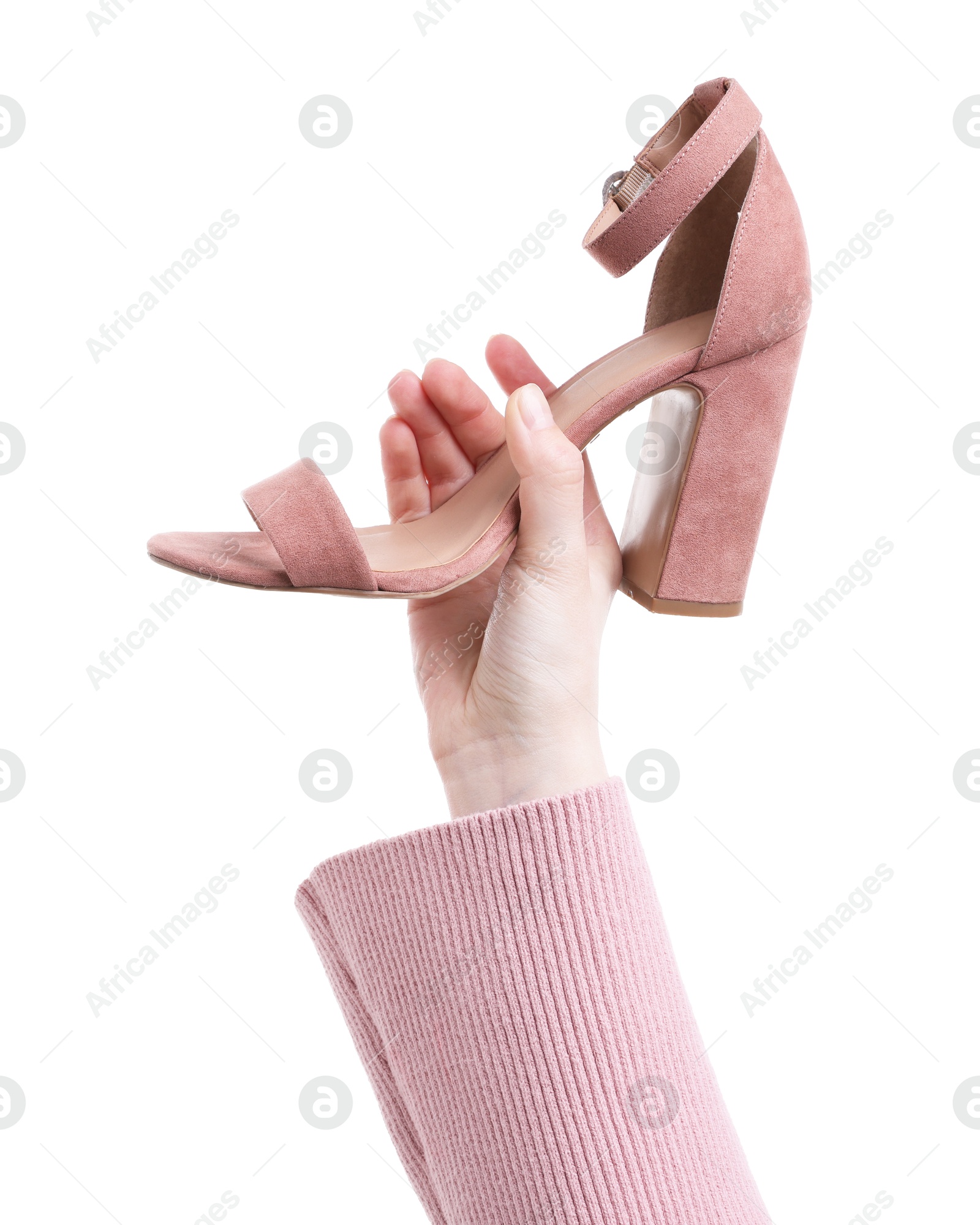 Photo of Woman with stylish pink shoe on white background, closeup