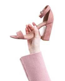 Woman with stylish pink shoe on white background, closeup