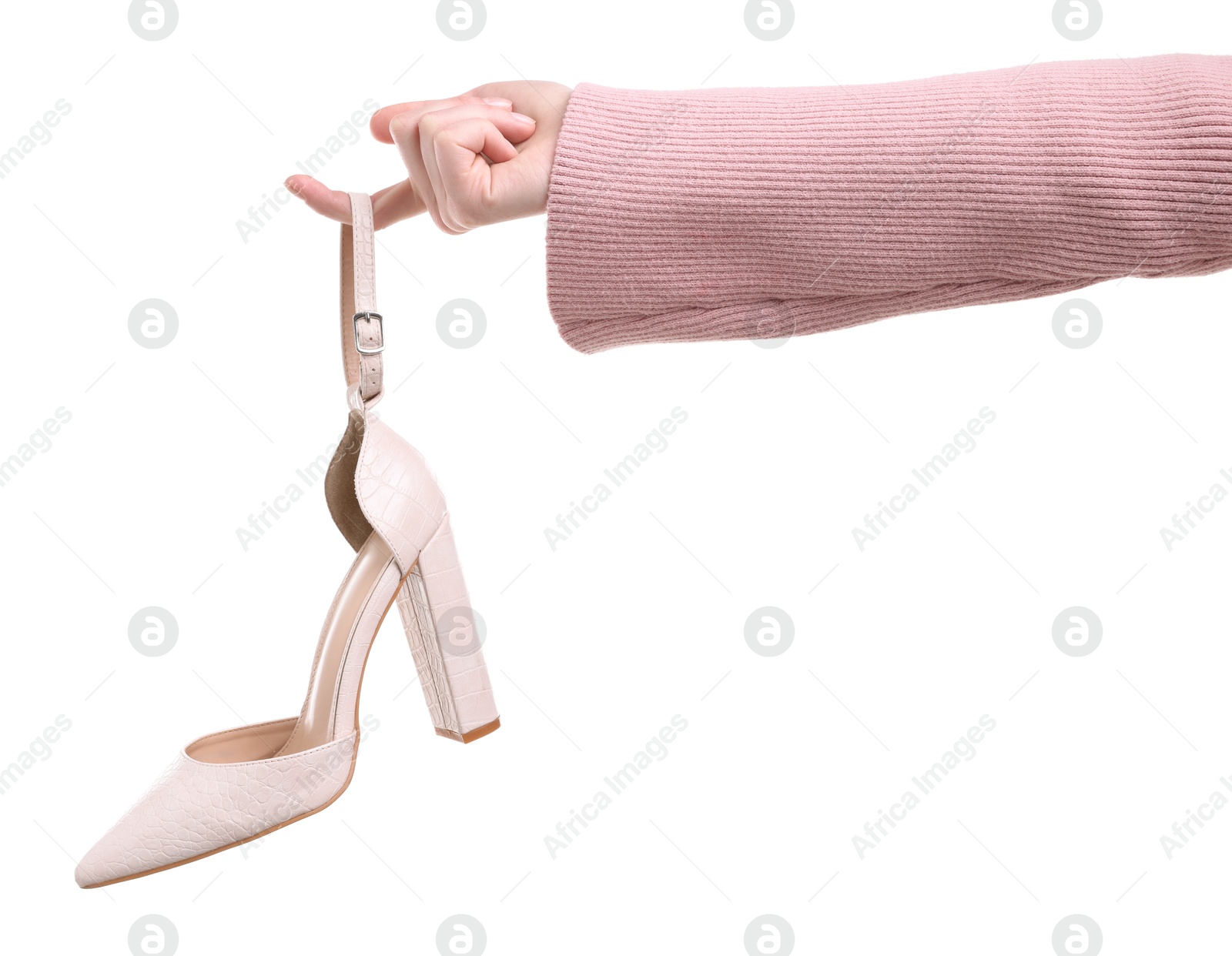 Photo of Woman with stylish shoe on white background, closeup