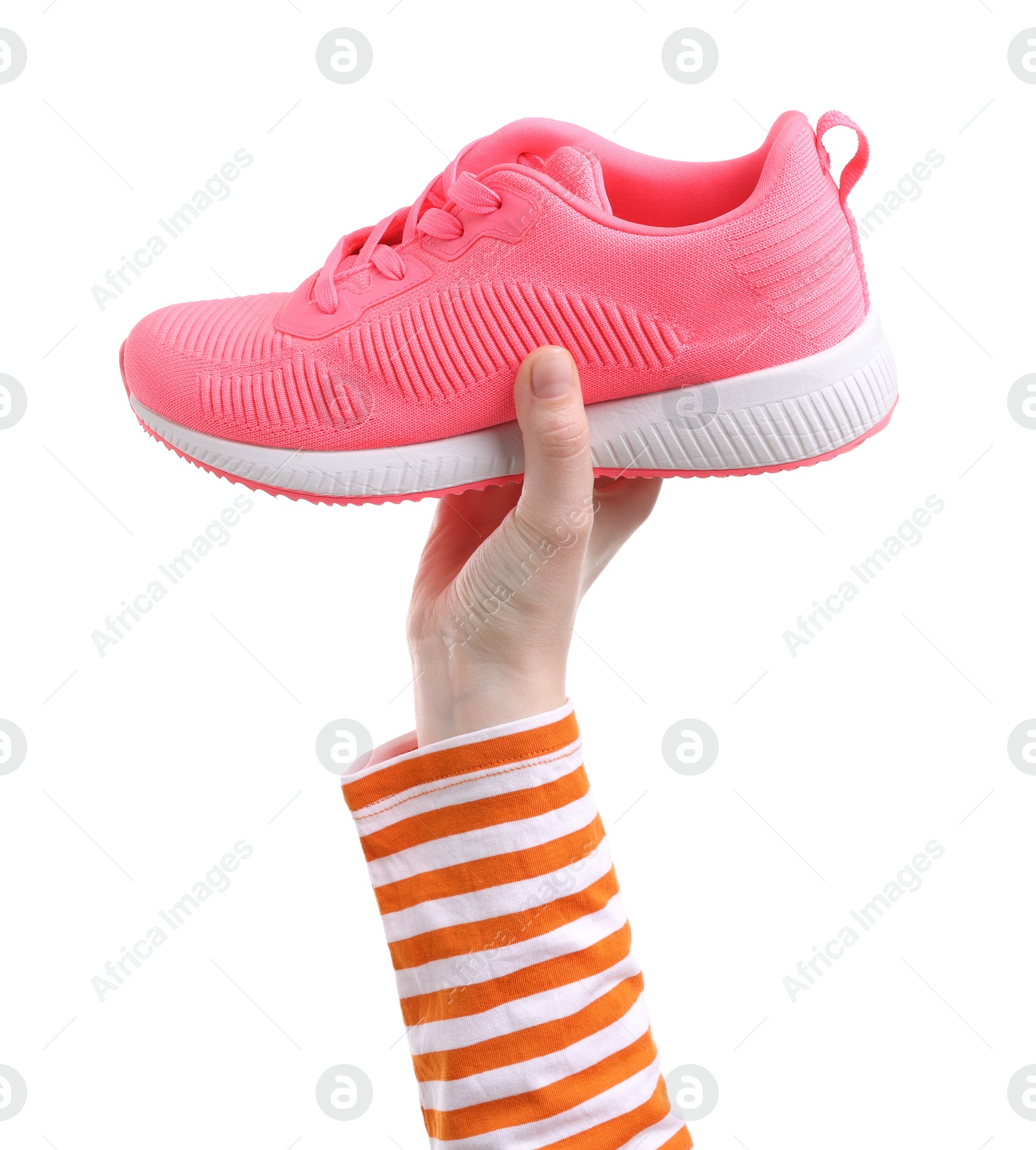 Photo of Woman with stylish pink sneaker on white background, closeup