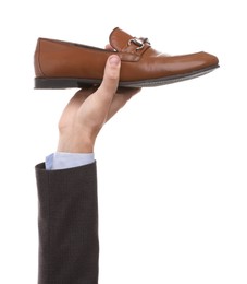 Man with stylish shoe on white background, closeup