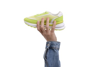 Photo of Man with stylish sneaker on white background, closeup