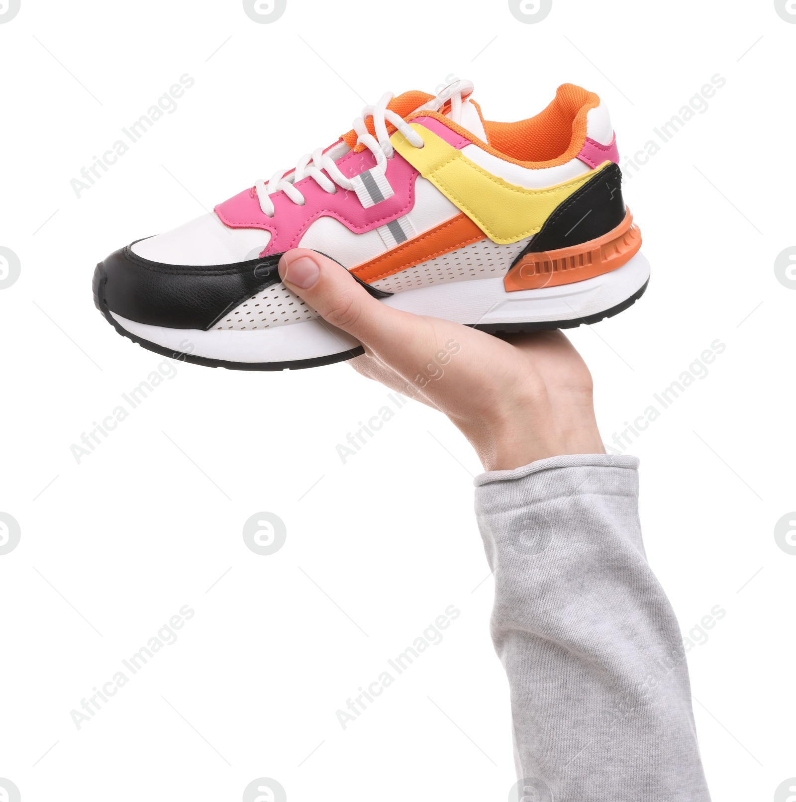 Photo of Man with stylish sneaker on white background, closeup