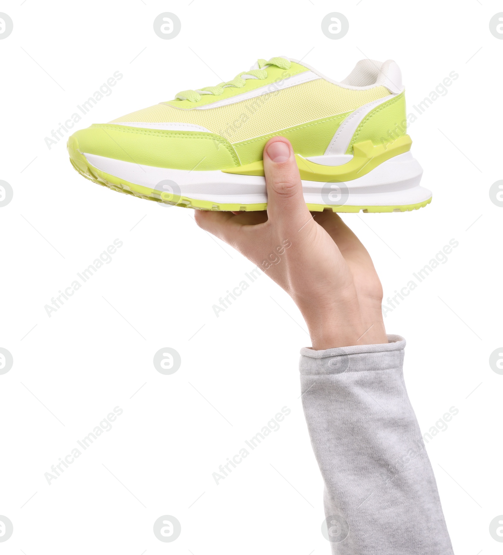 Photo of Man with stylish sneaker on white background, closeup