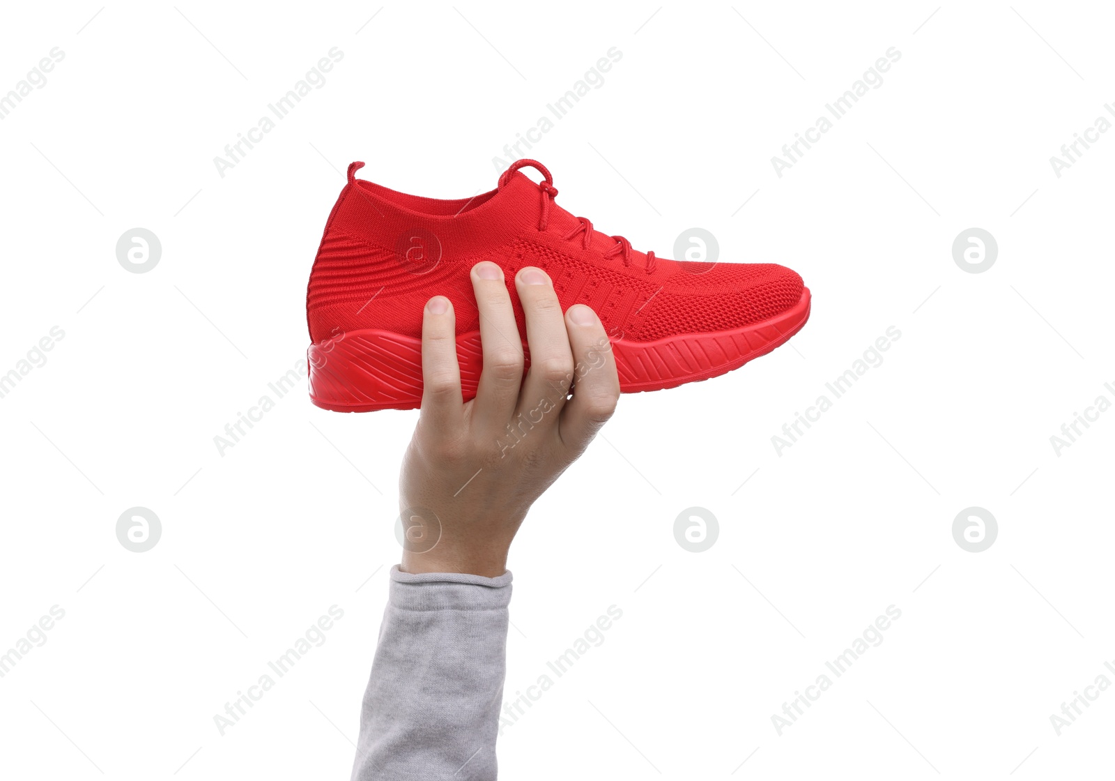 Photo of Man with stylish sneaker on white background, closeup