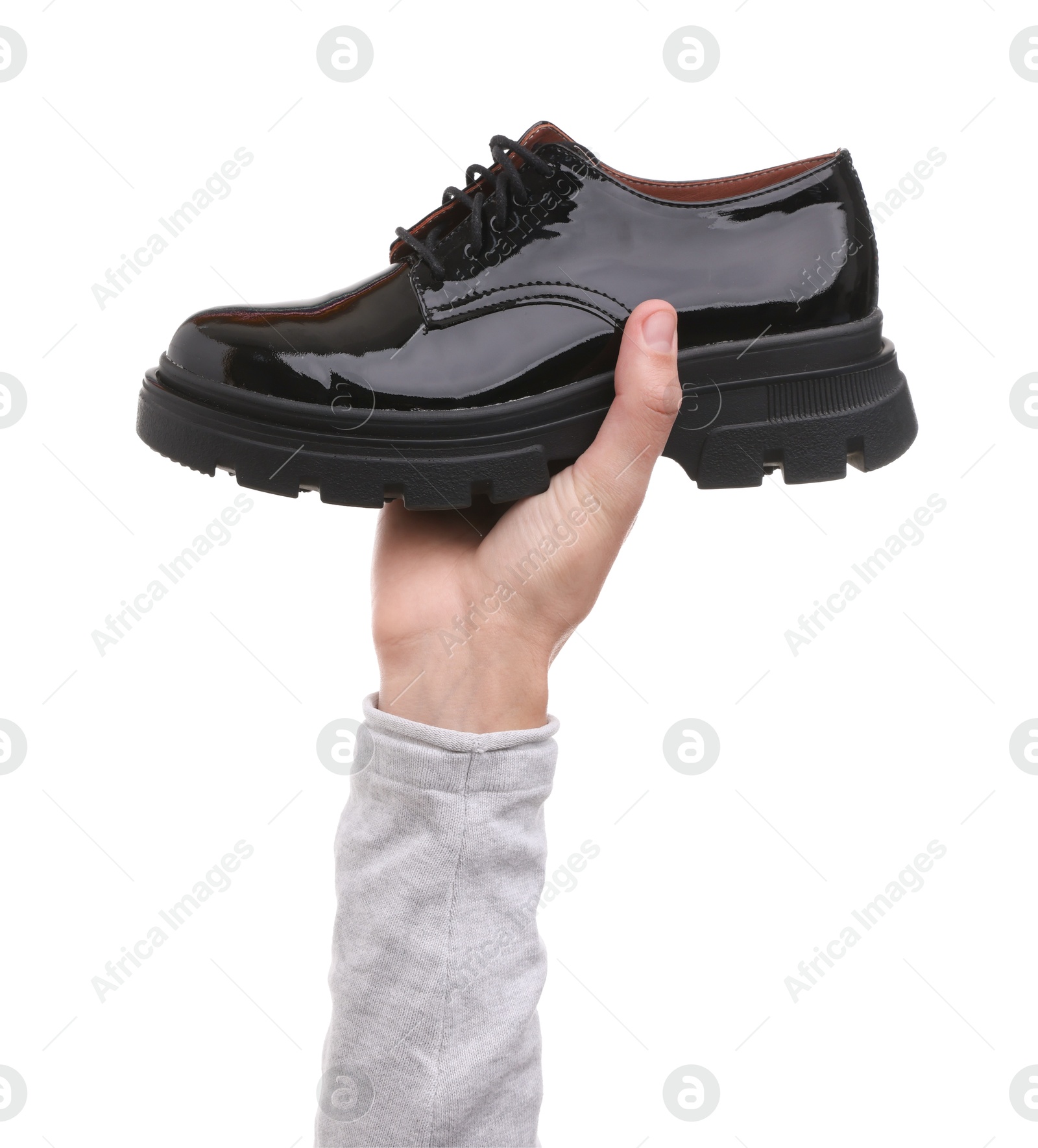 Photo of Man with stylish shoe on white background, closeup