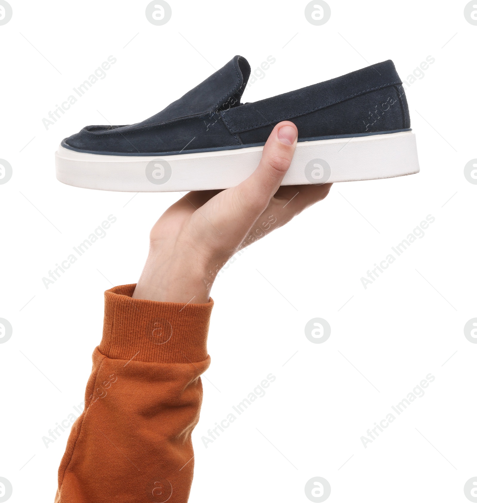 Photo of Man with stylish shoe on white background, closeup