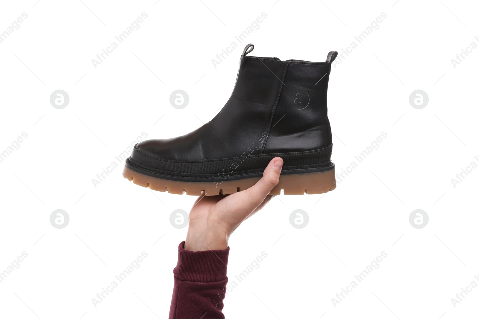 Photo of Man with stylish shoe on white background, closeup