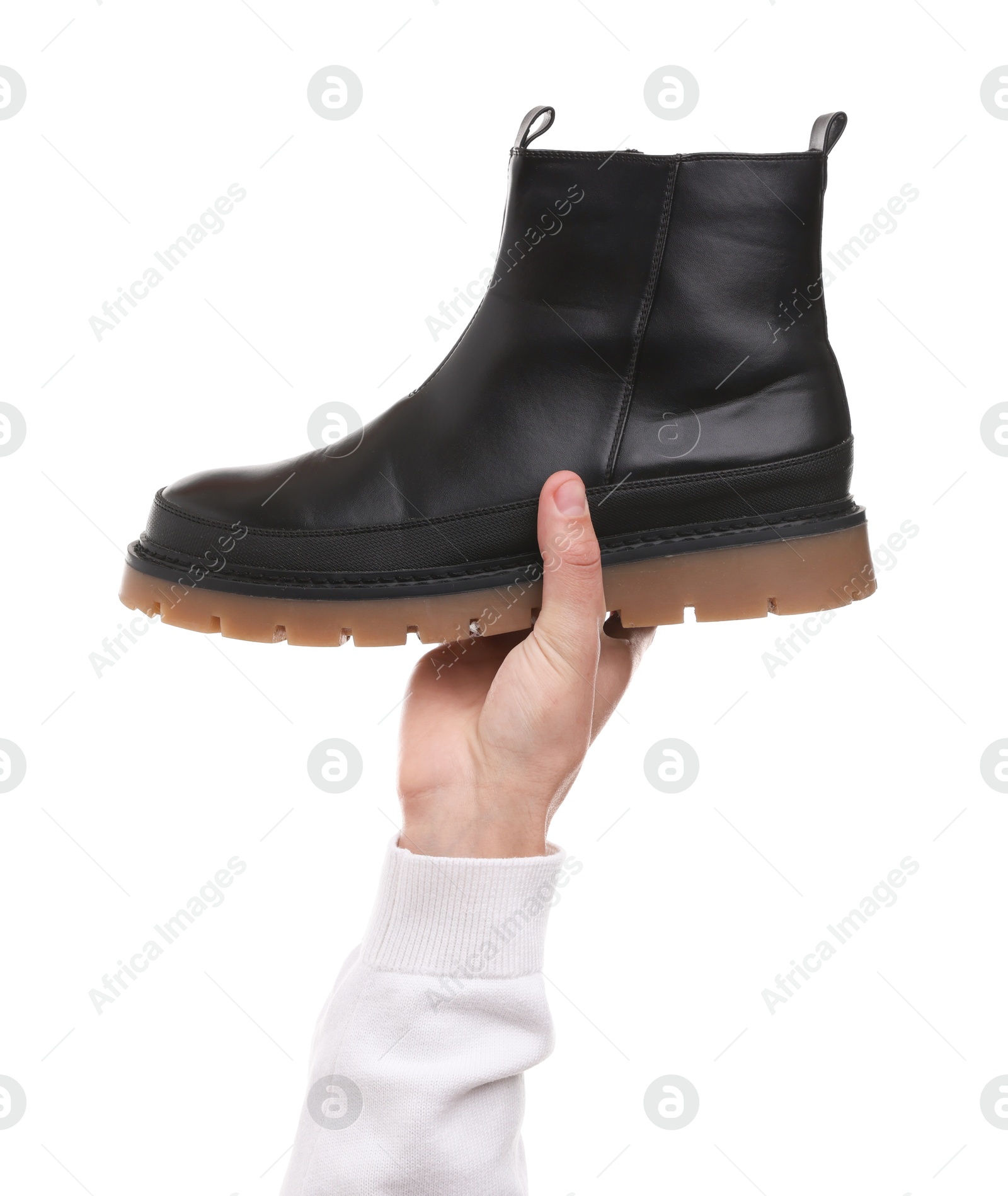 Photo of Man with stylish shoe on white background, closeup