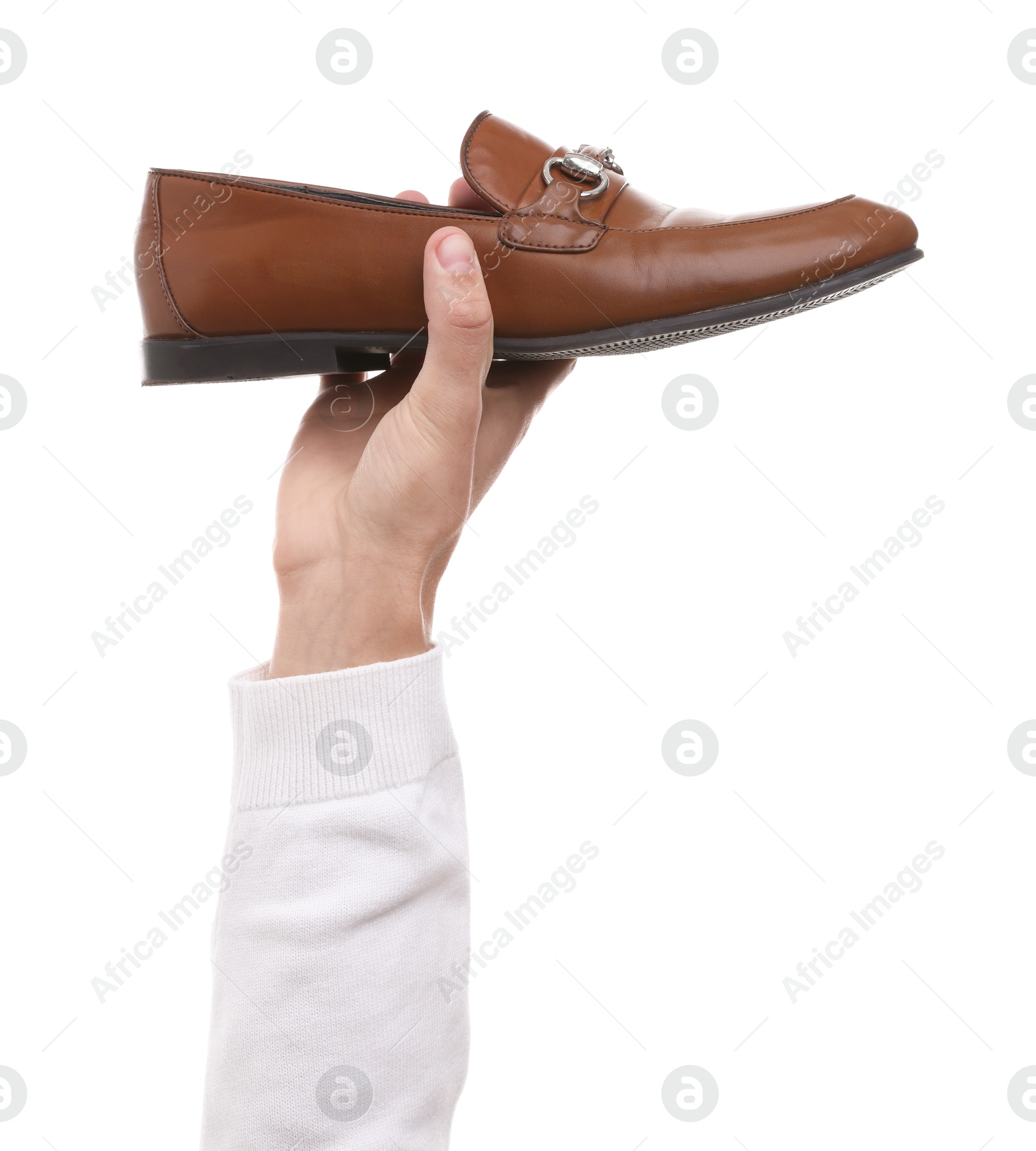 Photo of Man with stylish shoe on white background, closeup