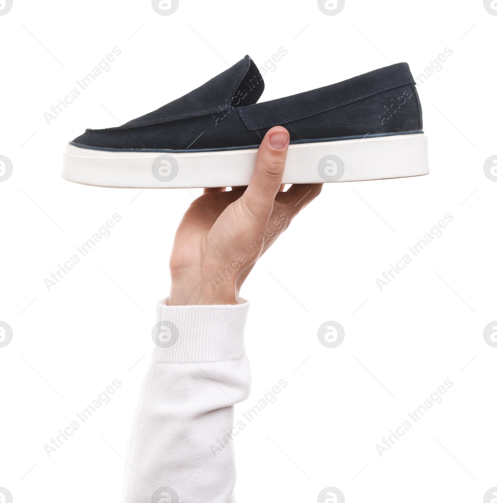 Photo of Man with stylish shoe on white background, closeup