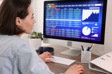 Photo of Stock exchange. Woman analysing financial market on computer at wooden table indoors