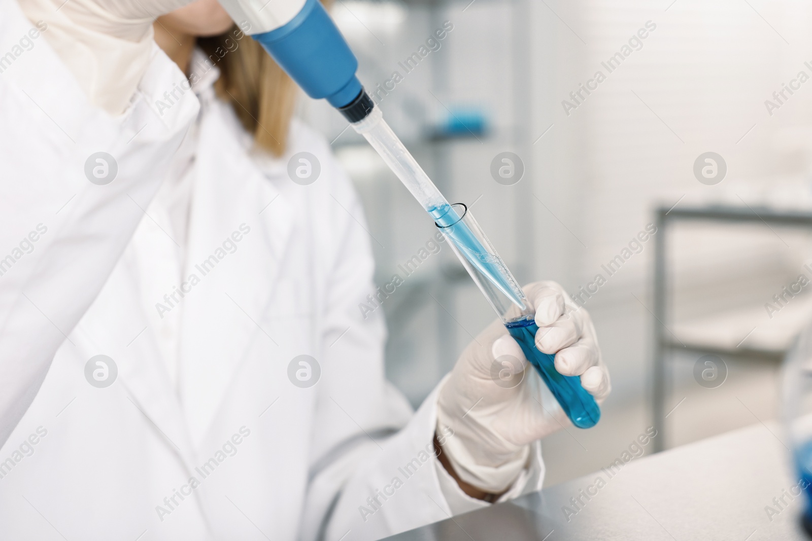 Photo of Scientist with micropipette and test tube working in laboratory, closeup