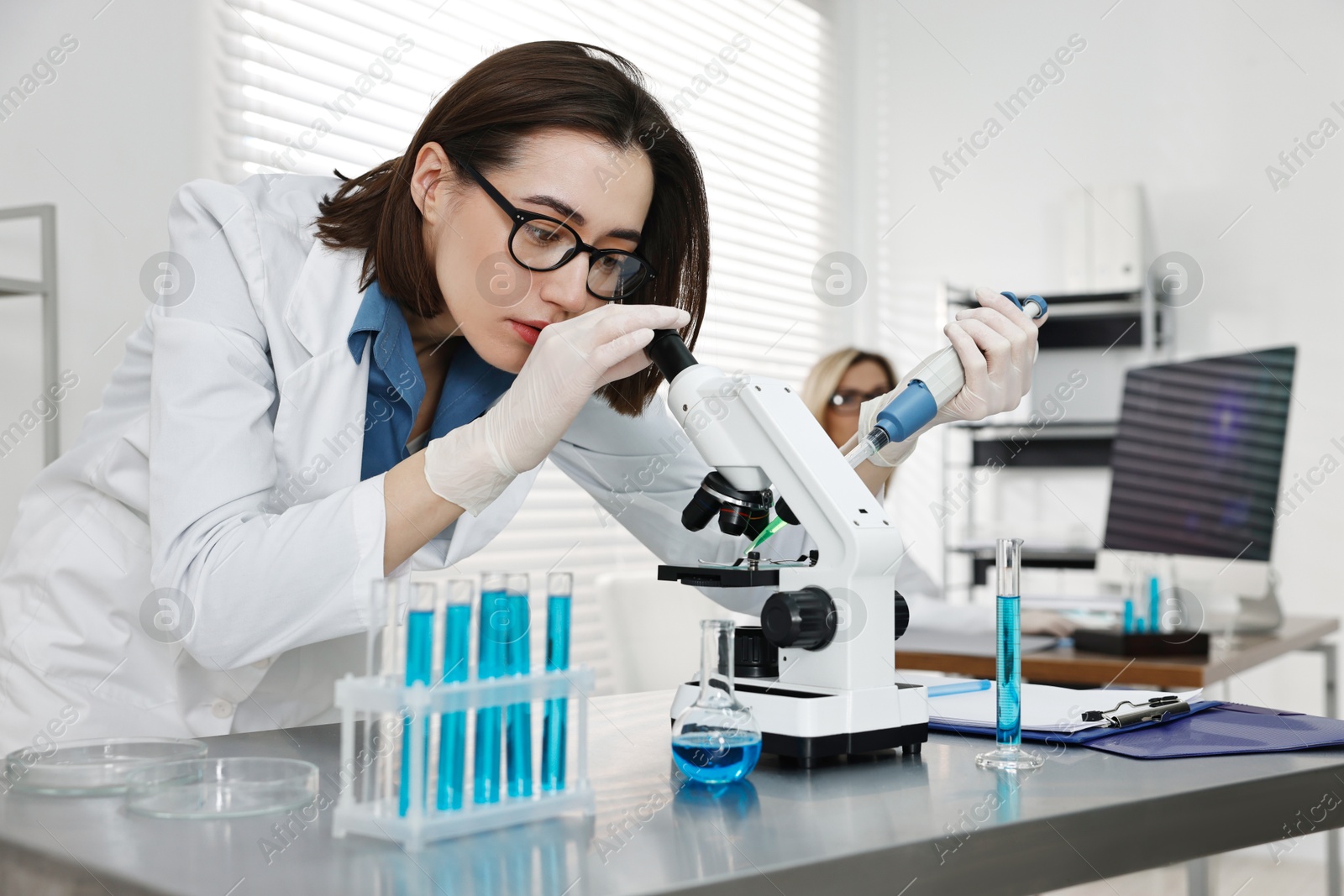 Photo of Scientist working with microscope and glassware in laboratory