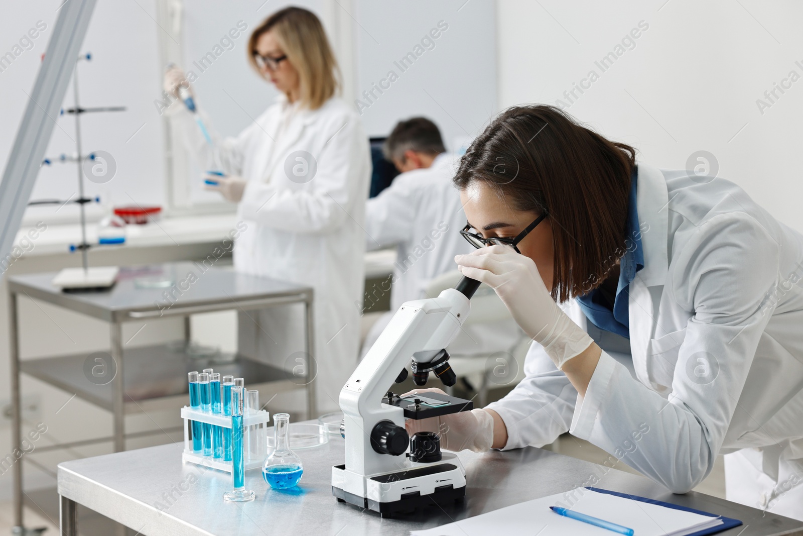 Photo of Scientist working with microscope at table in laboratory