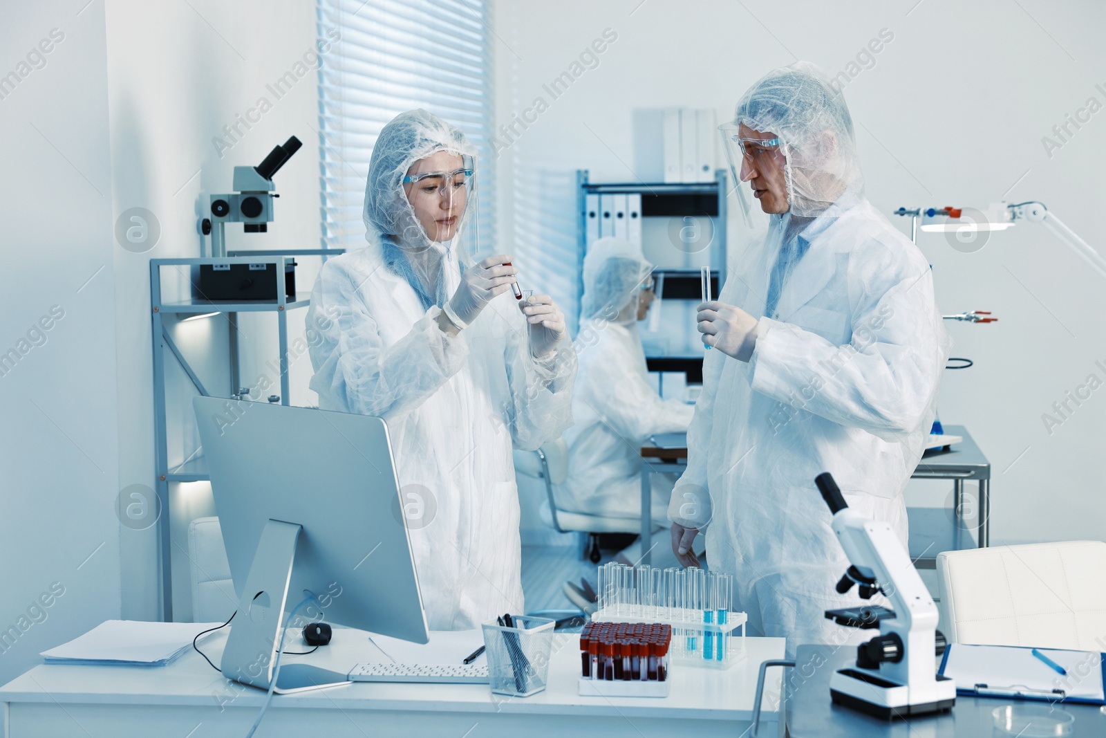 Photo of Scientists working with reagents and blood samples in laboratory