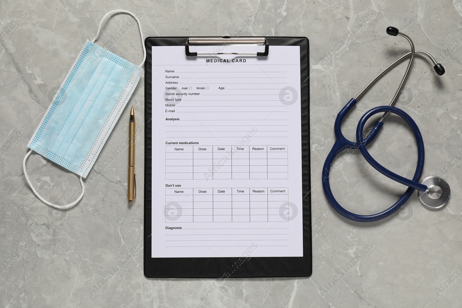 Photo of Flat lay composition with medical card form on grey background