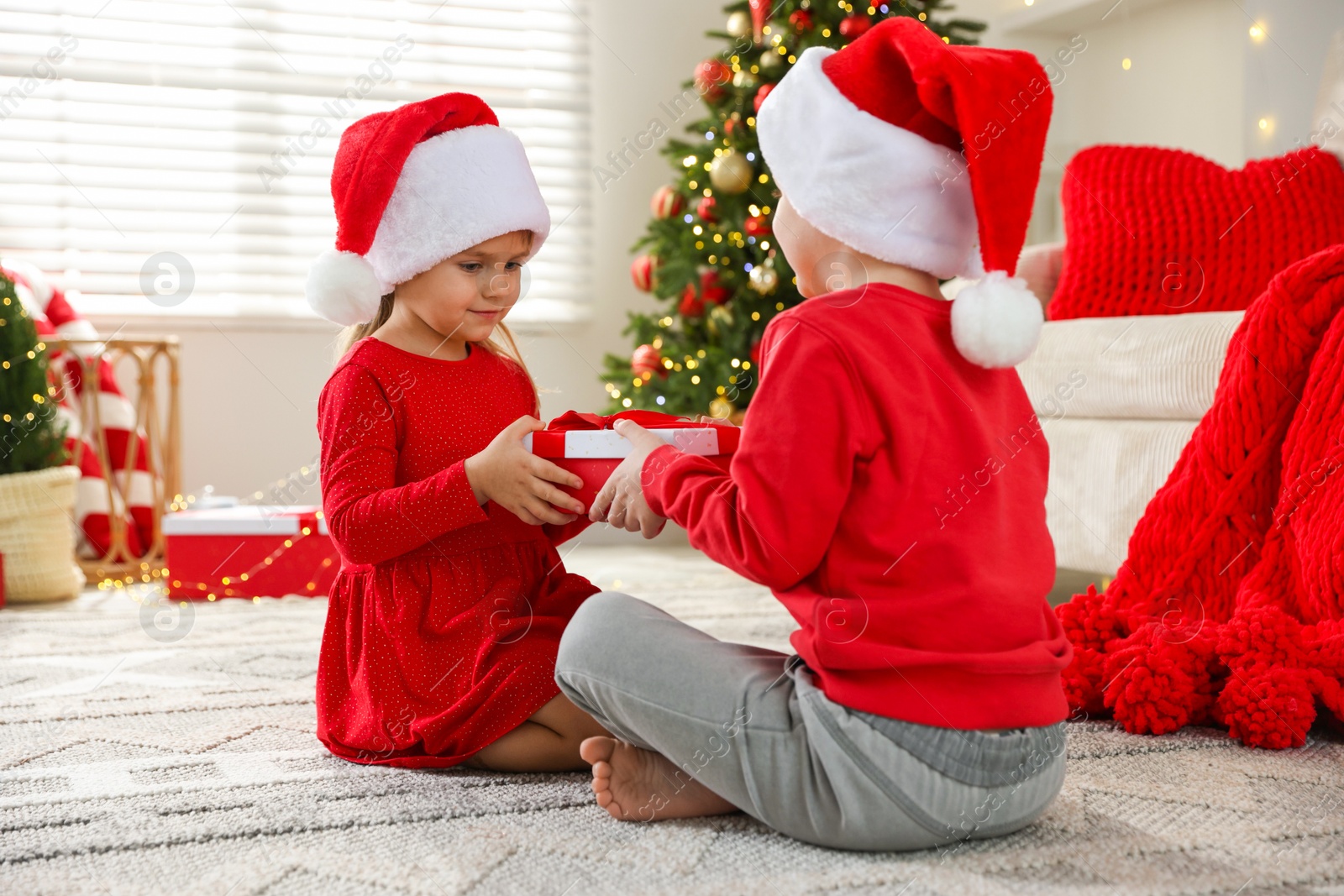 Photo of Little girl in Santa hat presenting her brother with Christmas gift at home