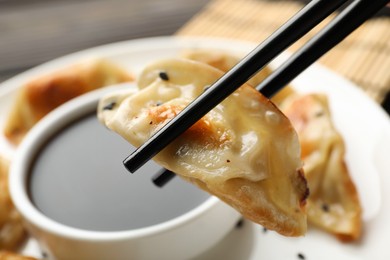 Photo of Eating fried gyoza dumplings at table, closeup