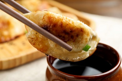 Photo of Eating fried gyoza dumplings at table, closeup