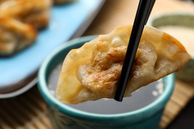 Photo of Eating fried gyoza dumplings at table, closeup